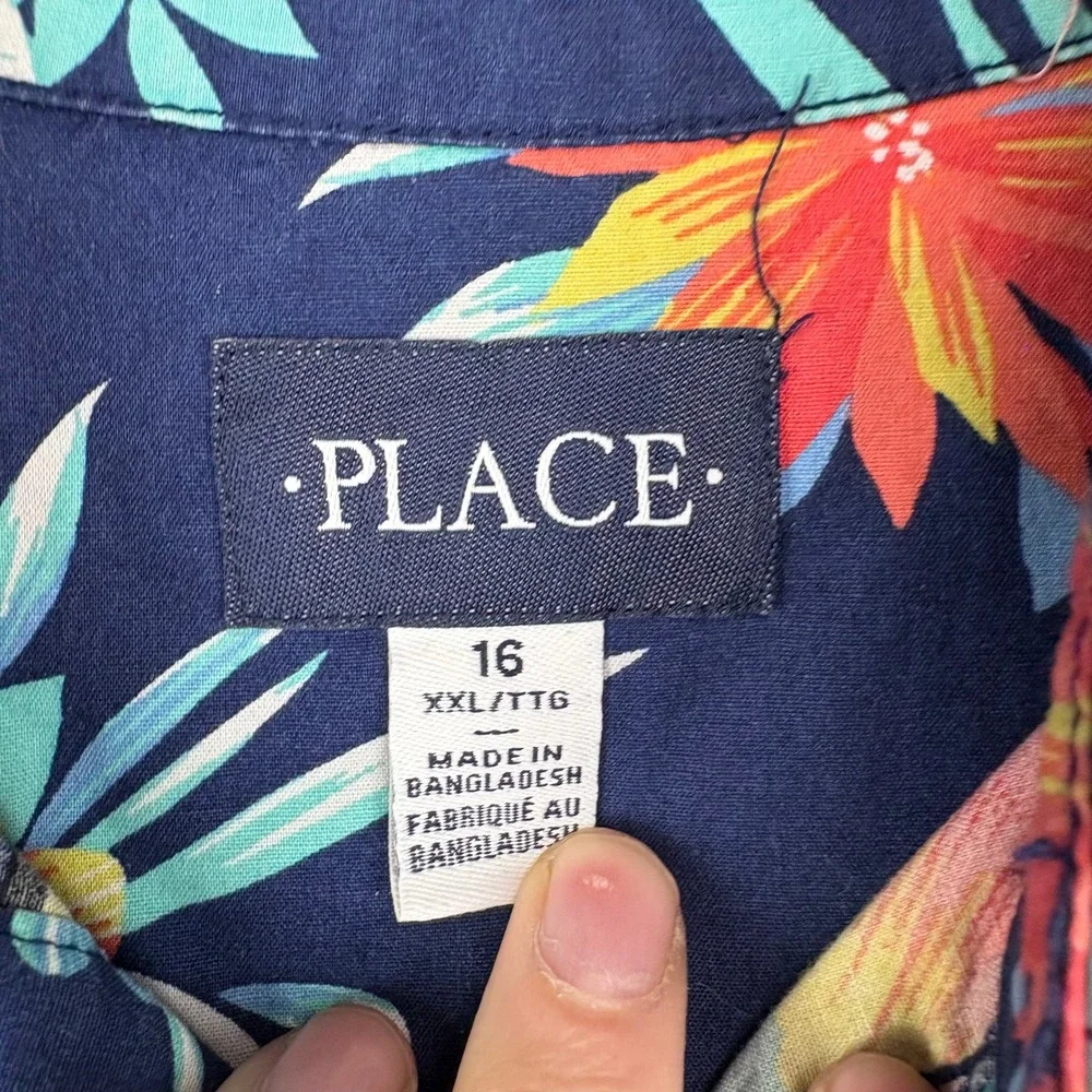 The Childrens Place Boys Blue Tropical Parrot Toucan Floral Button Down Shirt 16